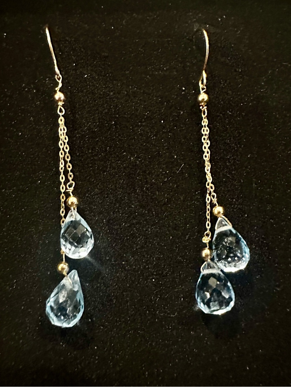 New 14K Solid Gold earrings 14K gold blue topaz long dangle earrings natural gem